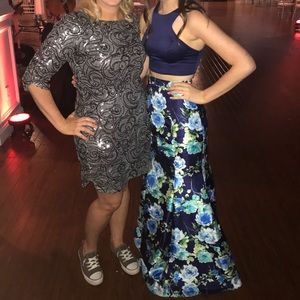 2 piece blue floral prom dress